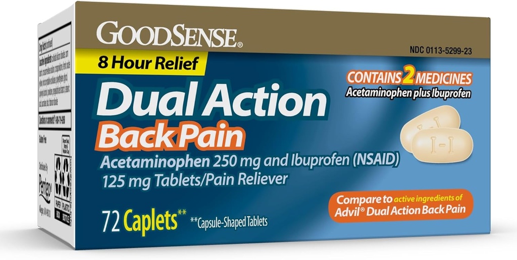 GoodSense Dual Action Acetaminophen and Ibuprofen (NSAID) tabletid, 250 mg / 125 mg, Seljavalu, 72 krahv