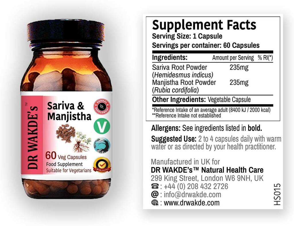 DR WAKDE Sariva & Manjistha kapslid (60 Veg Caps, Detoxifying Maitsetaimed, Toetab Tervislik nahk, Ayurveda Supplement, Vegan, Taimne, Kõik Natural, Valmistatud UK)