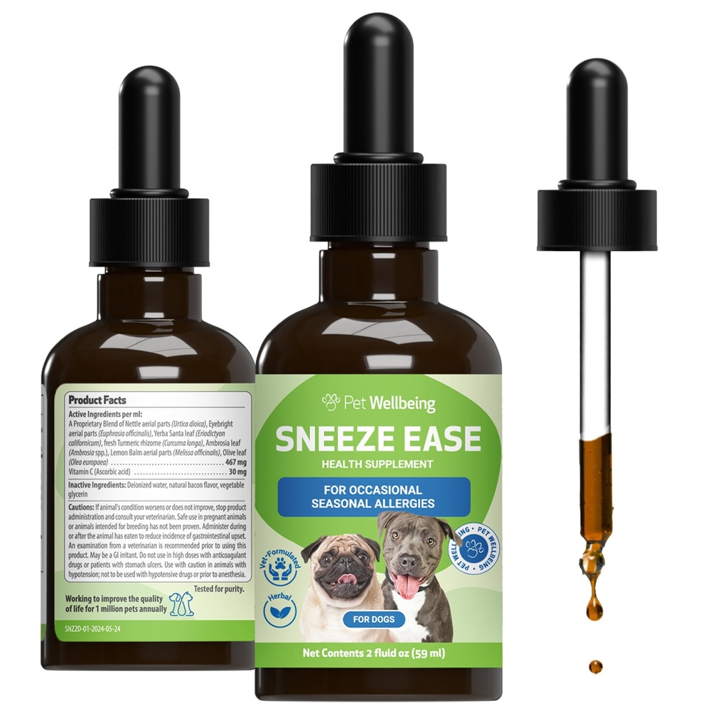 Lemmikloomade heaolu Aevastamine Lihtne koertele - Aeg-ajalt aevastamine, hooajalised allergiad, nina ja silmade ebamugavus, silma sära, nõgestõbi - veterinaararsti poolt formuleeritud taimsed täiendused 2 oz (59 ml)