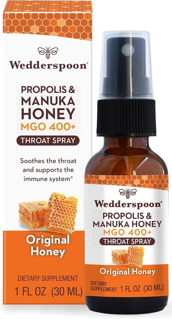 Wedderspoon Propolis ja Manuka Honey Throat Spray, Original Honey, 1 Fl Oz (pakk 1), Sore Throat Relief, Natural Immun Support