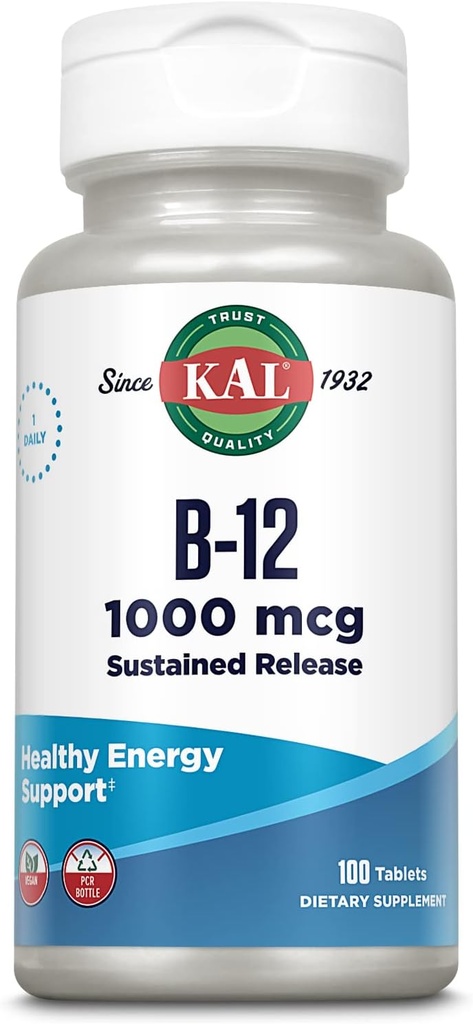 KAL-vitamiin B12 1000mcg, püsivalt vabastav toidulisand tervisliku energia, ainevahetuse, südame tervise, närvide ja punaste vereliblede toetamiseks, pikaajaline valem, vegan, 100 serveerimist, 100 tabletti
