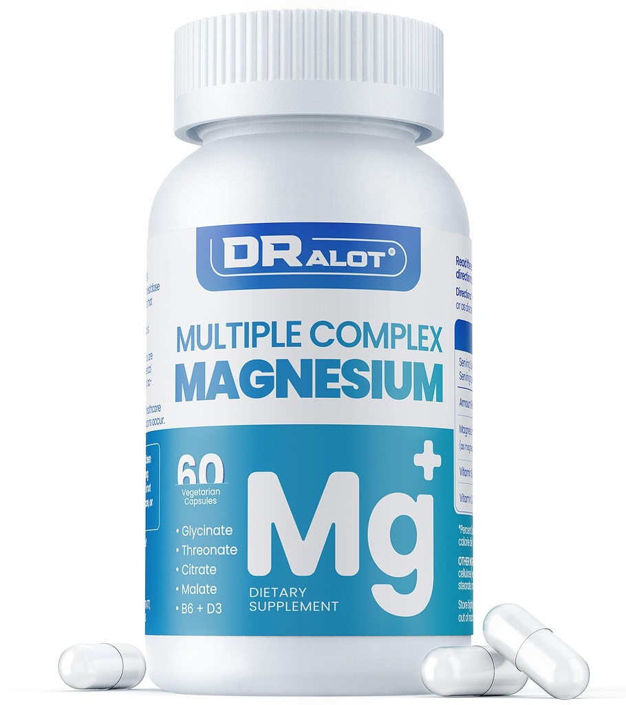 Neljakordne magneesiumilisand, 400mg kelaatmagneesiumglütsinaati, L-treonaati, tsitraati ja malaati | Max Absorptsioonikompleks w / Vitamiin D3 & B6, unesüdame lihased Närvid, Non-GMO, 60 Vegan Caps