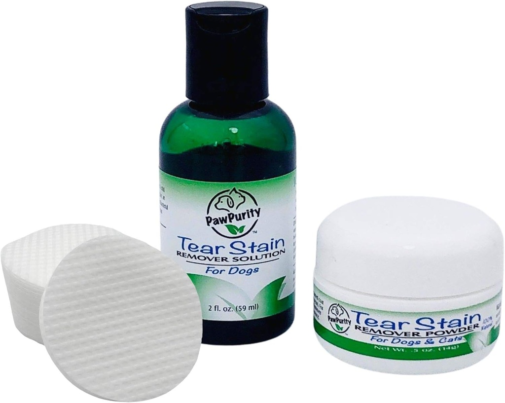 PawPurity Tear Pleki Eemaldaja Starter Kit koertele | Sisaldab Tear Pleki Eemaldaja Lahus 2 oz, Pulber .5oz ja 30 Rakenduspadjad | 100% Looduslik | Eemaldamine võtab aega umbes 7-10 päeva (30-45 päeva pakkumine)
