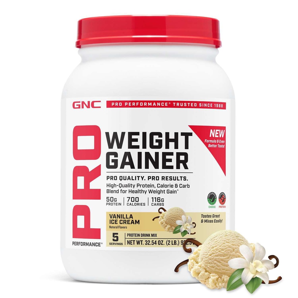 GNC Pro Performance Weight Gainer Valgupulber, 50 g valku, kõrge kalorsusega, 700 kalorit, toetab massi ja lihaste taastumist, MCT, BCAA, 3. osapoole testitud, Vanilla jäätis, 6 serveerimist, 2,5 naela