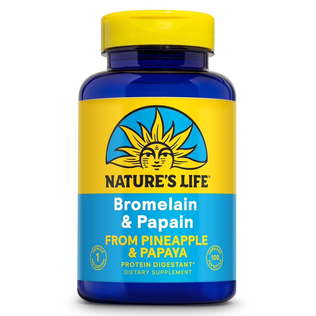 Nature's Life Bromelain & Papain | Proteolüütilised ensüümid seedetrakti toetamiseks ja mugavuseks | ananassist & Papaya | 250 mg Ea | 100 taimekapslit