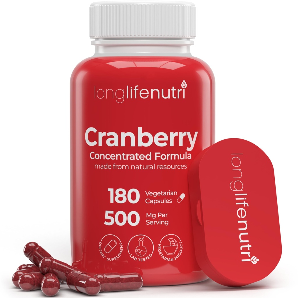 LongLifeNutri Cranberry ekstrakt vitamiin C & E - puhas kontsentreeritud valem, 500mg per Serving, 180 taimetoitlase kapslid, kuseteede tervis ja põis, 6 kuu tarne, valmistatud USAs