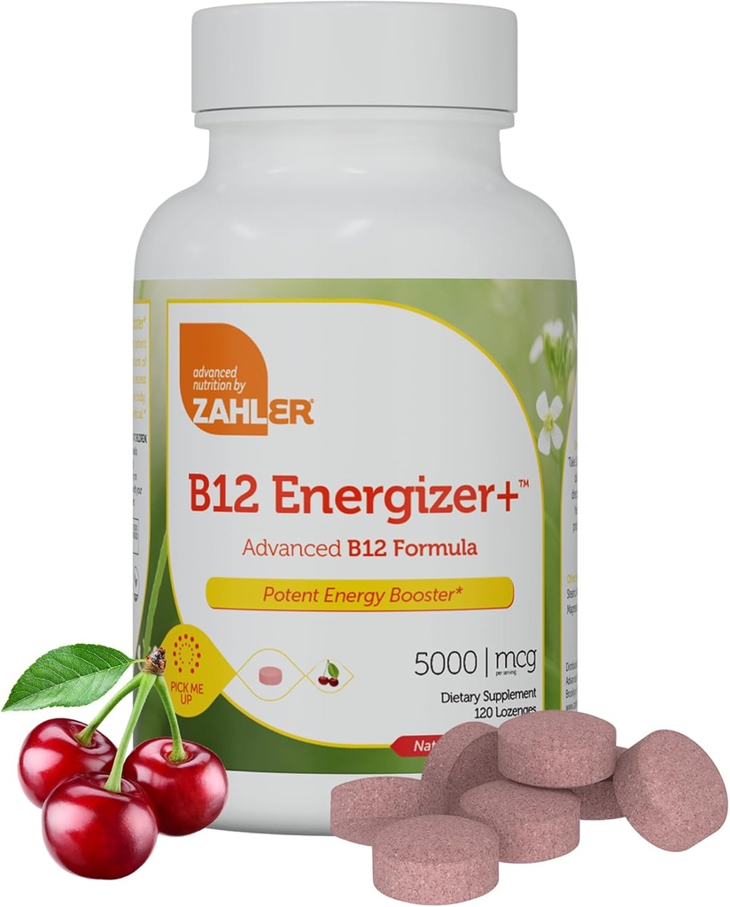 Zahler Energizer+ Vitamiin B12-5000 mcg Vitamiin B12 - Looduslik kirsi maitse lahustuv Lozenges - Kosher Gluteenivaba Mitte-GMO B12 Vitamiinid 5000 mcg, Energia Boost, valmistatud USAs (120 loend)