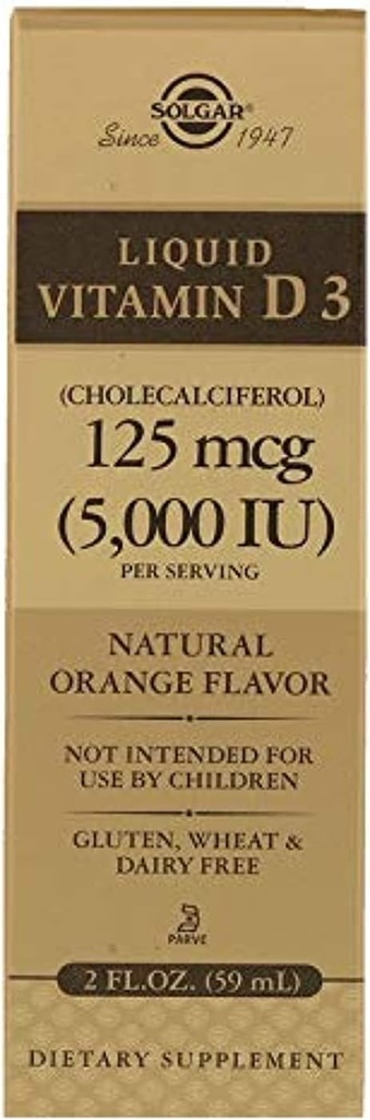 Solgar Vedel Vitamiin D3 125 mcg (5000 RÜ) - 2 fl oz - maitsev, looduslik apelsini maitse - aitab säilitada tervislikke luid ja hambaid - immuunsüsteemi tugi - gluteenivaba, piimavaba, Kosher - 59 serveerimist