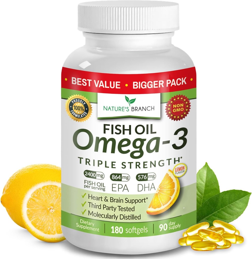 Parim kolmekordne tugevus Omega 3 kalaõli pillid - 180 kapslit - 2400mg kõrge potentsi Burpless Sidrun Maitse 864mg EPA 576mg DHA Ultra Pure Vedel Softgels Ajuliigesed Silmad Südame Tervise Täiendus