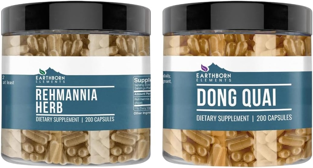 Maapealsed elemendid Rehmannia Herb ja Dong Quai Bundle, 200 kapslit igaüks, puhas ja lahjendamata, ei lisaaineid