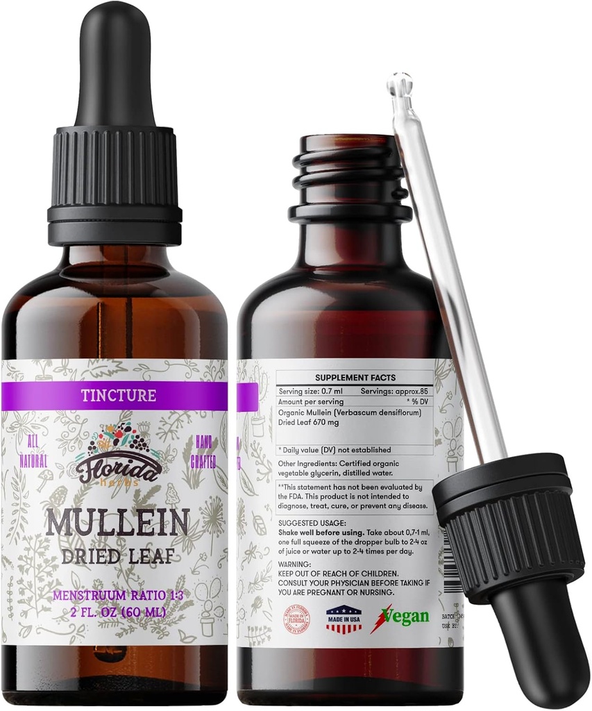 Mulleini tinktuuriekstrakt, orgaaniline mulleiin (Verbascum densiflorum) Kuivatatud lehtede taimsed lisandid külmpressitud köögiviljades glütseriin 670 mg