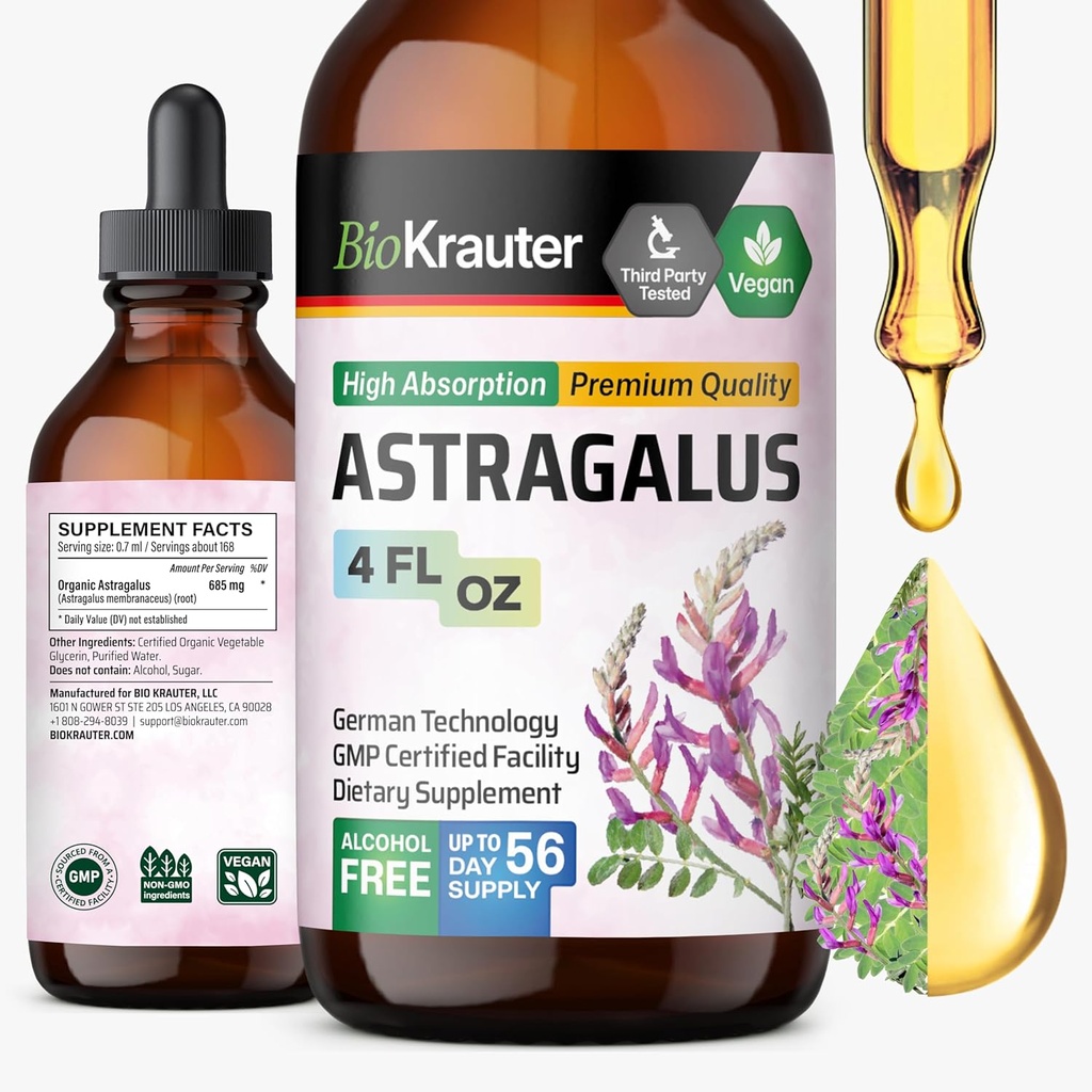 BIO KRAUTER Astragalus Tinktuur - Astragalus Juurekstrakt immuunsüsteemi toetuseks - Alkohol ja suhkruvaba - kõrge imendumine - Vegan tilgad 4 Fl.Oz.