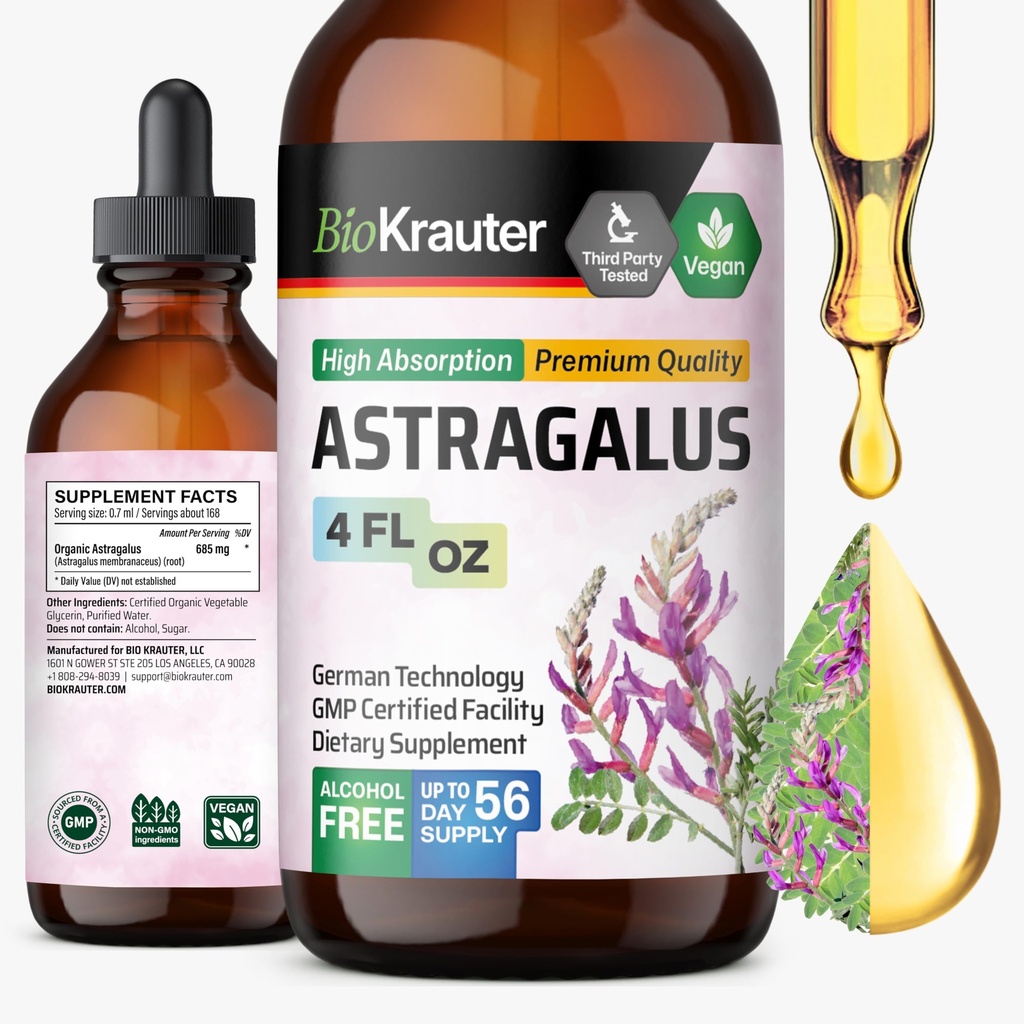 BIO KRAUTER Astragalus Tinktuur - Astragalus Juurekstrakt immuunsüsteemi toetuseks - Alkohol ja suhkruvaba - kõrge imendumine - Vegan tilgad 4 Fl.Oz.