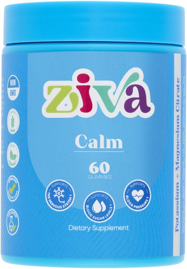Ziva Calm Gummies - kaaliumtsitraat ja magneesiumtsitraadi lisand lõõgastumiseks, stressi leevendamiseks ja lihaste toetamiseks - 60 loend