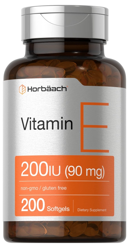 Horbäach E-vitamiini Softgel kapslid 200 IU | 90 mg täiendus | 200 loend | Mitte-GMO ja Gluteenivaba valem
