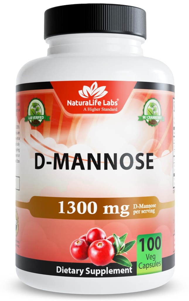 NaturaLife Labs Orgaaniline D-Mannose 1300 mg koos orgaanilise Jõhvikaekstraktiga 100 mg ühe serveerimise kohta – 100 kapslit – Mitte-GMO, Gluteenivaba, Vegan