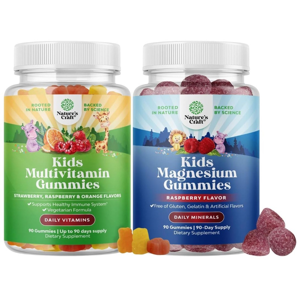Bundle of Kids Multivitamin Gummies for Immunity Support with Vitamins A C D3 E B and Zinc and Kids Magnesium Gummies - Calm Relaxing Mag Citrate with Raspberry Flavor for Nerve & Heart Health