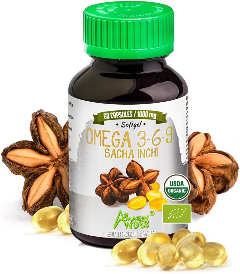 Andes Sacha Inchi kapslid (Plukenetia volubilis) - Omega 3, 6, 9 allikas asendamatute rasvhapetega - lõhnatu ja jätkusuutlikult hangitud - ajufunktsiooni toetaja - 60 Softgel pillid (1000 mg)