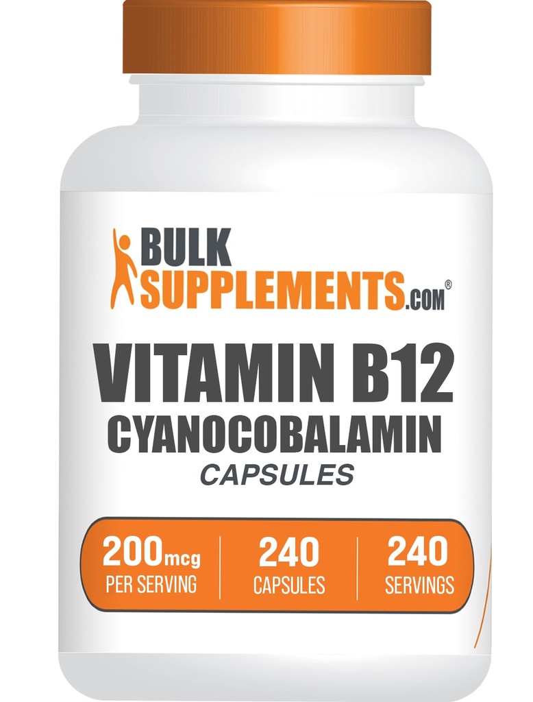 BulkSupplements.com Vitamiin B12 kapslid - nagu tsüanokobalamiin, vitamiin B, vitamiin B12 200 mcg - energia vitamiinid, gluteenivaba, 1 kapsel portsjoni kohta, 240 kapslit (pakk 1)