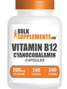 BulkSupplements.com Vitamiin B12 kapslid - nagu tsüanokobalamiin, vitamiin B, vitamiin B12 200 mcg - energia vitamiinid, gluteenivaba, 1 kapsel portsjoni kohta, 240 kapslit (pakk 1)