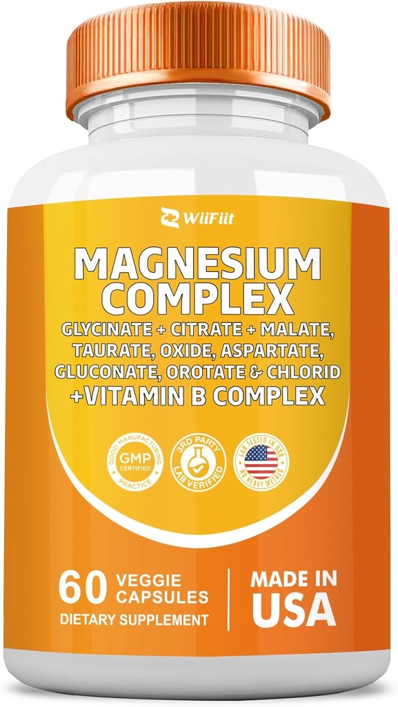 Magneesiumkompleksi täiendus, glütsinaat 141mg oksiid 228mg malaat 58,5mg tsitraat 62,4mg orotaat Glycina Taurate Chloride Aspartate Glükonaat B-vitamiin, mineraalsed toidulisandid 60 kapslit