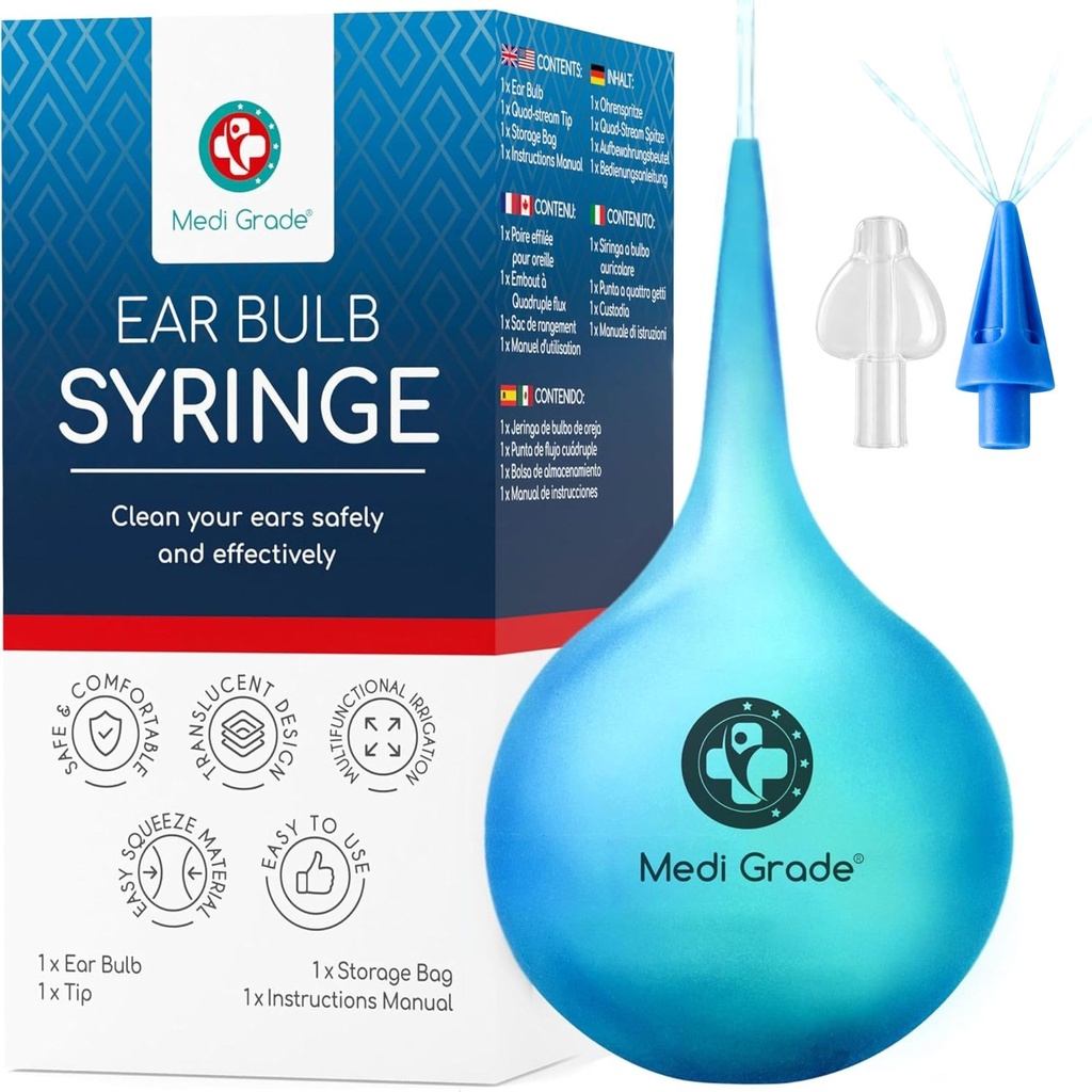 Medi Grade Ear Bulb Syringe - Efektiivne kõrvavaha eemaldamise tööriist Add-on Quad-Stream näpunäide - Travel-Friendly Ear Cleaning Kit õrna kõrva puhastamiseks - Kõrva vaha - 2,54 fl oz