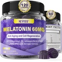 Antioksüdant & Brain Support Melatoniin 60mg 30mg 50+ täiskasvanutele | Suured melatoniini annused vananemisvastaseks ja immuunseks | Eriti tugev melatoniini kummid B6-ga, Ashwagandha, Magneesium, MSM - 120 Gummies