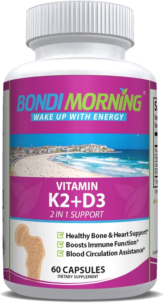 Vitamiin K2 + D3 täiendus luude ja südame tervise jaoks - kõrge potents 5000IU D3-vitamiini ja 100mg K2-vitamiini (MK7) kapslid optimaalseks kaltsiumi imendumiseks - 60 vegankapslit