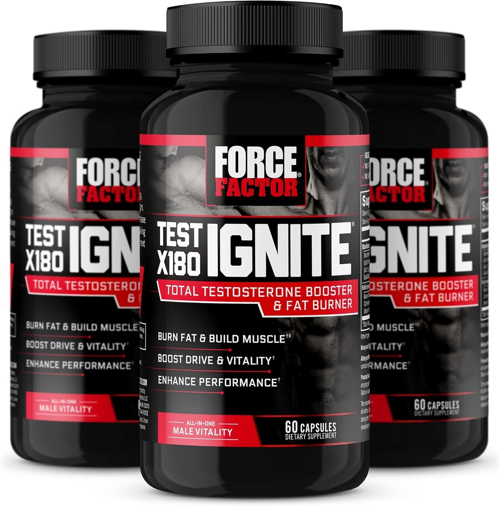 FORCE FACTOR Test X180 Ignite, Testosterooni Booster & Fat Burner meestele, Testosterooni täiendus, mis aitab ehitada lihaseid, suurendada energiat ja suurendada elujõudu ja jõudlust, 60 Count (Pack of 3)