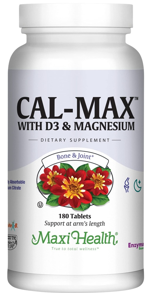 Maxi Health Calcium 1000 mg koos D3-vitamiiniga (400 RÜ) ja magneesiumiga (750 mg) - Cal Max toidulisand luude, hammaste ja liigeste toetamiseks - meestele ja naistele - 180 tabletti