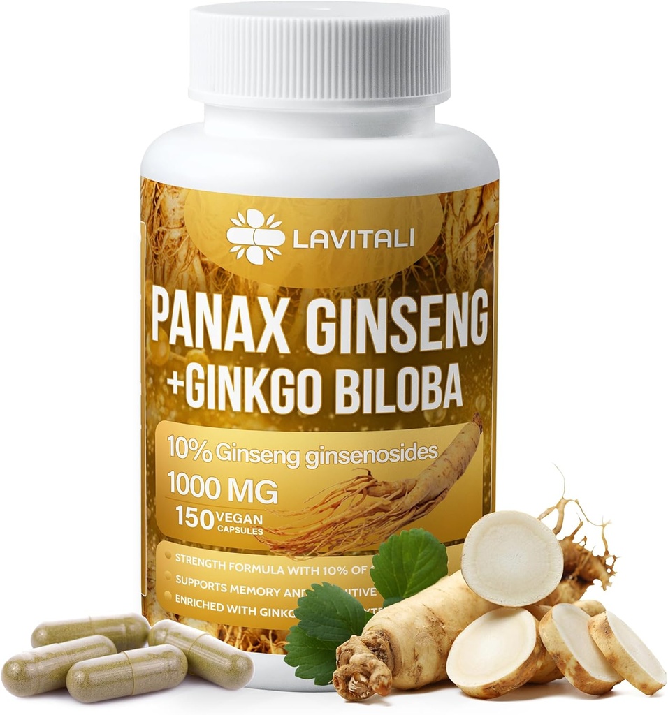 Ginseng & Ginkgo Biloba 150 Veggie kapslid, energia ženšenni juure ekstrakti pulber, Ginkgo Biloba ekstrakt, 100% looduslik ja mitte-GMO, Vegan, Gluteenivaba, piimavaba