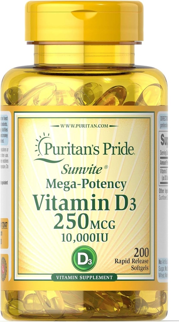 Puritan's Pride Vitamiin D3 250 mcg (10 000 IU) Softgels, 200 Count