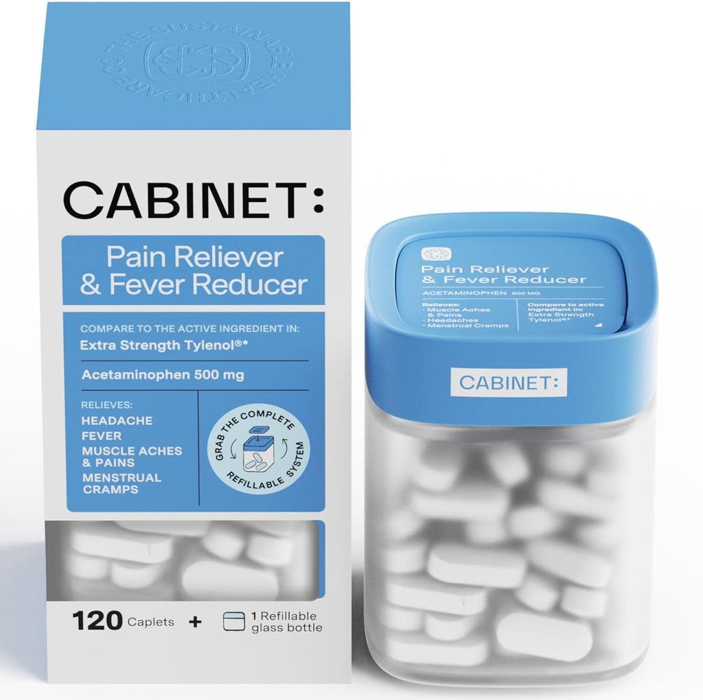 Kabinet: 500 mg atsetaminofeeni peavalu leevendamiseks, hambaravi, valulik kurk ja palaviku vähendaja, sisaldab 1 korduvtäidetavat meditsiini purki, 120 tabletti (Starter Kit)