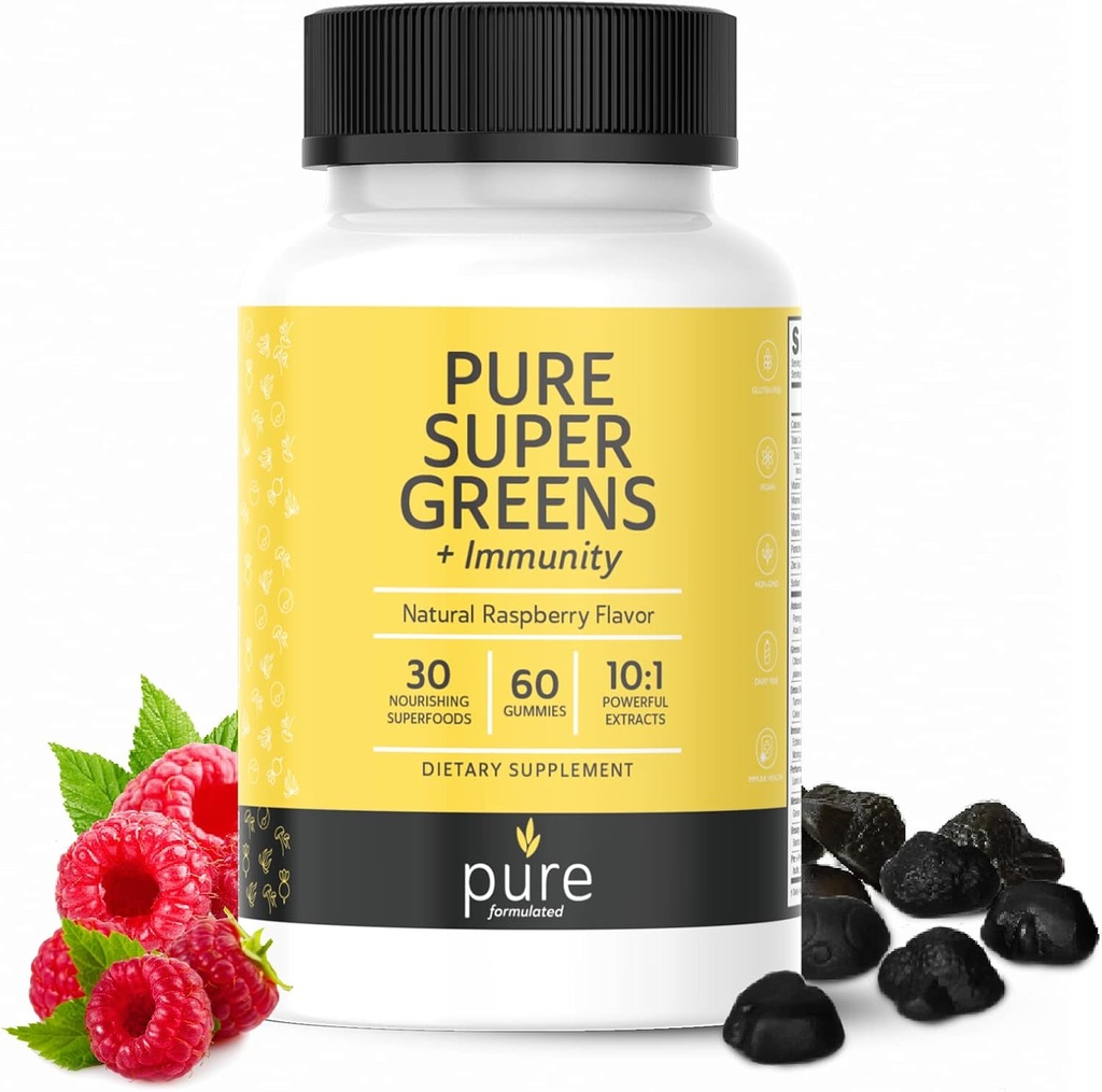 Super Greens Multivitamin Gummies for Adult and Kids Immune Support Gummies - 30 Superfoods Vegan Supplements - Natural Raspberry Flavor (60 Count)