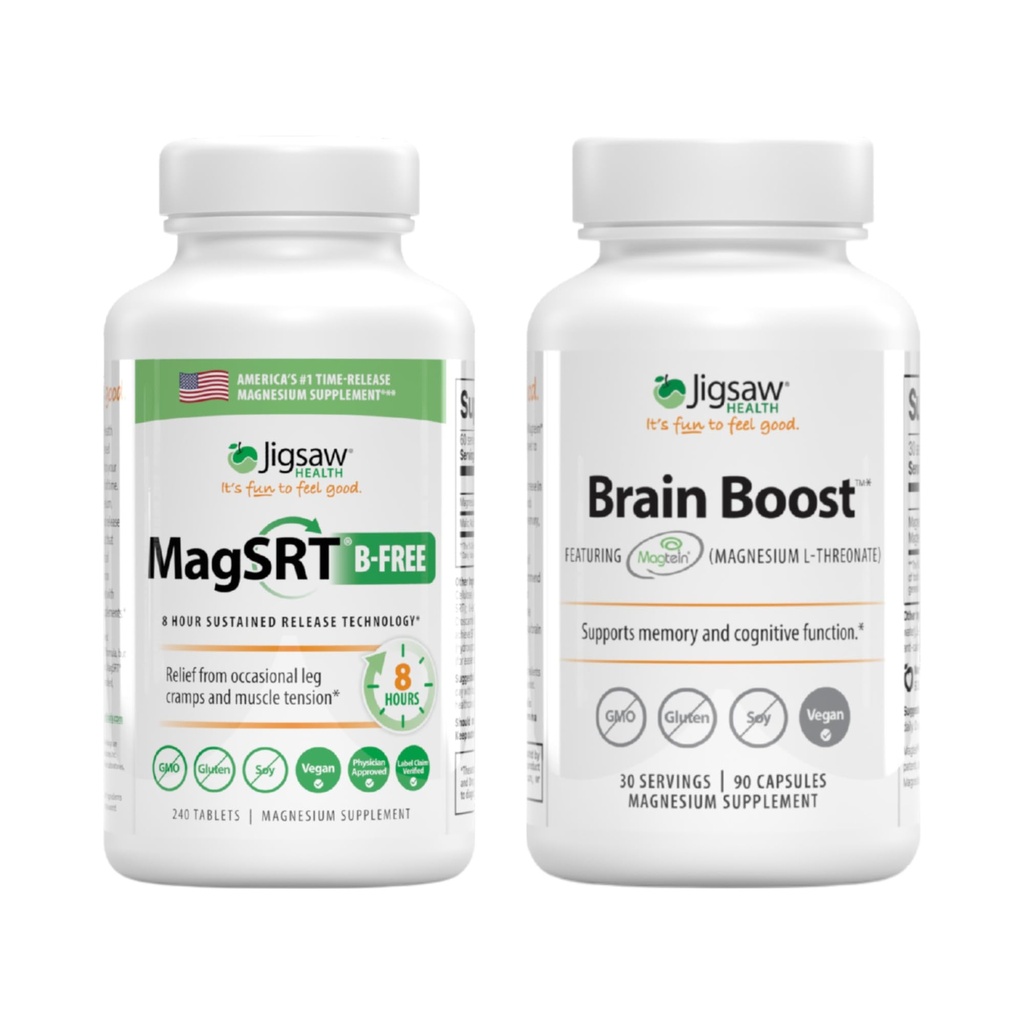 Jigsaw Health Magnesium Bundle | MagSRT (B-vaba), 240 tabletti, ja Brain Boost, 90 kapslit
