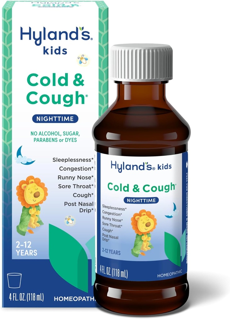 Hyland's Kids Külm ja köha, öine köha siirupi ravim lastele vanuses 2 ja enam, dekongestant, valulik kurgu leevendamine ja unetus, tavaliste külmade sümptomite leevendamine, 4 Fl Oz