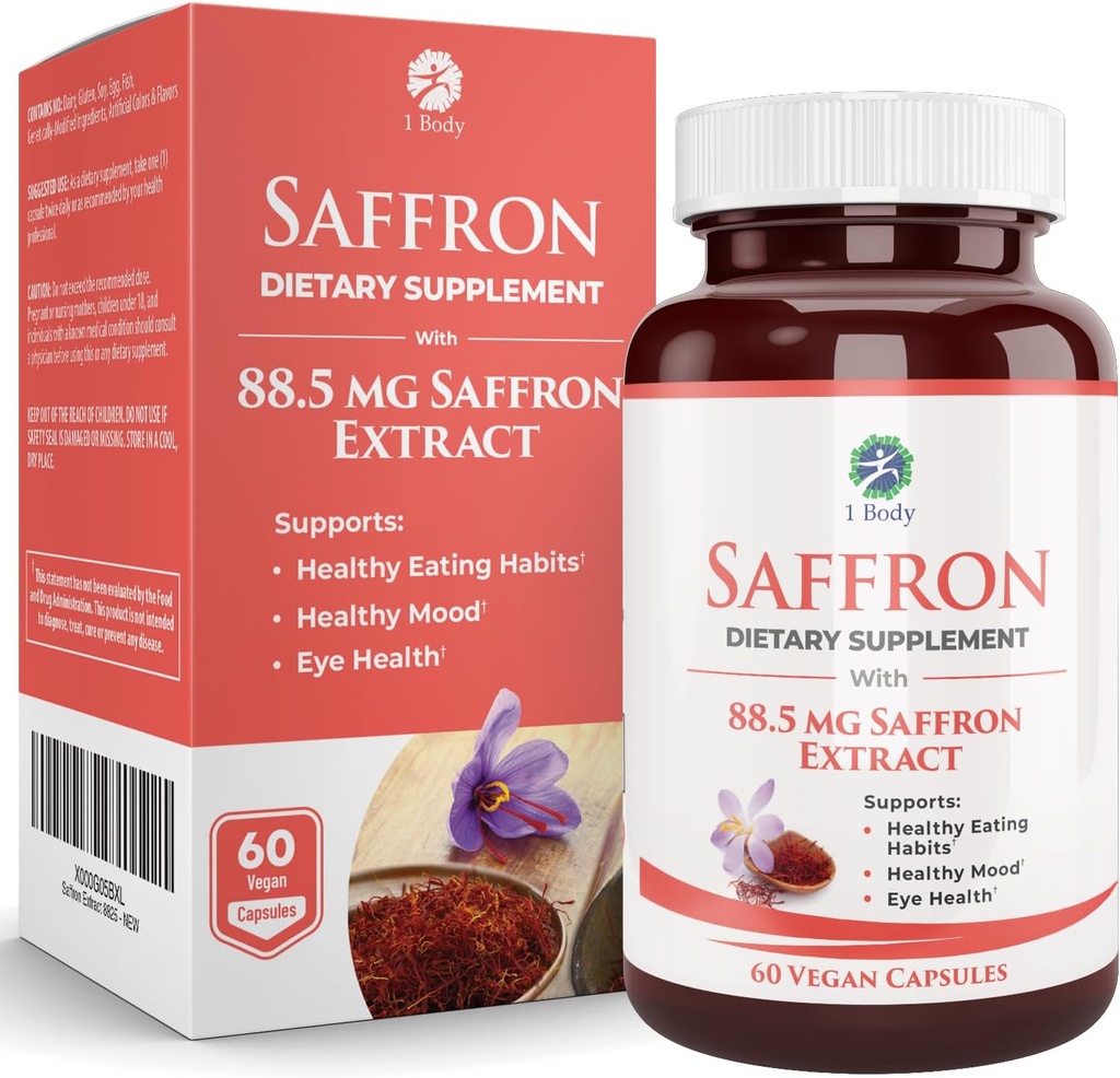 1 Body Saffron Extract Supplement , 88,5 mg Safranal , Antioksüdant ja meeleolu tugi , taimetoitlased kapslid