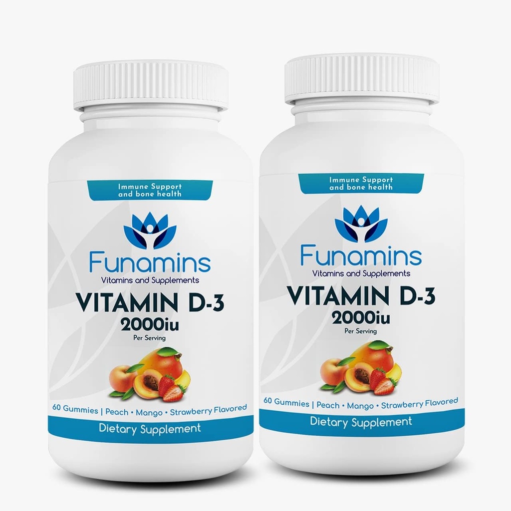 Vitamiin D3 Gummies, 2-Pack, 60 Count Igaüks, 2000iu per Serving, toetab immuunsüsteemi ja luude tervist; Peach, Mango, Maasika maitsed