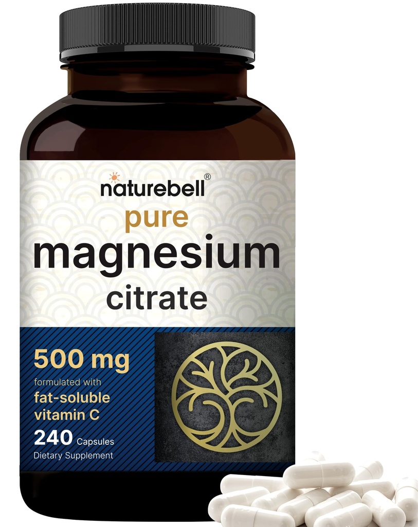 NatureBell Magneesiumtsitraat 500mg, 240 kapslit | Kõrge puhtusastmega elementaalvorm | Süda, lihased ja seedimise tugi | Mitte-GMO, Gluteenivaba