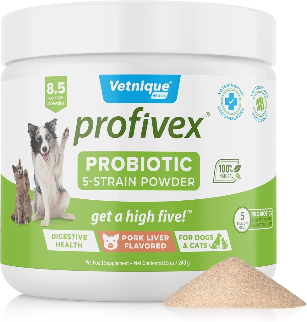 Vetnique Labs Profivex Probiootikumid koertele Kõik looduslikud koerte närimiskoogid ja pulber seedetrakti probiootikumide toidulisandid koertele 5 probiootikumide ja prebiootikumide tüved (pulber, 8,5oz)