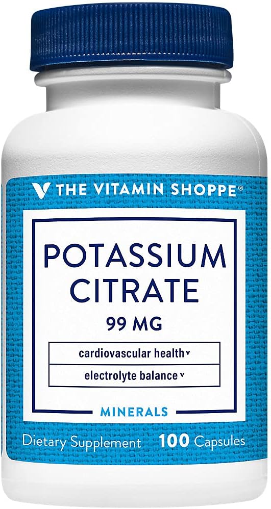Vitamiin Shoppe kaaliumtsitraat 99MG, toetab südame-veresoonkonna ja rakkude tervist (100 kapslit)