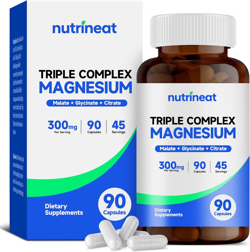 Kolmekordne magneesiumkompleks (90 kapslit), 300 mg magneesiumglütsinaati, tsitraati ja malaati lihastele, närvidele ja energiale, kõrge imendumine, vegan, mitte-GMO