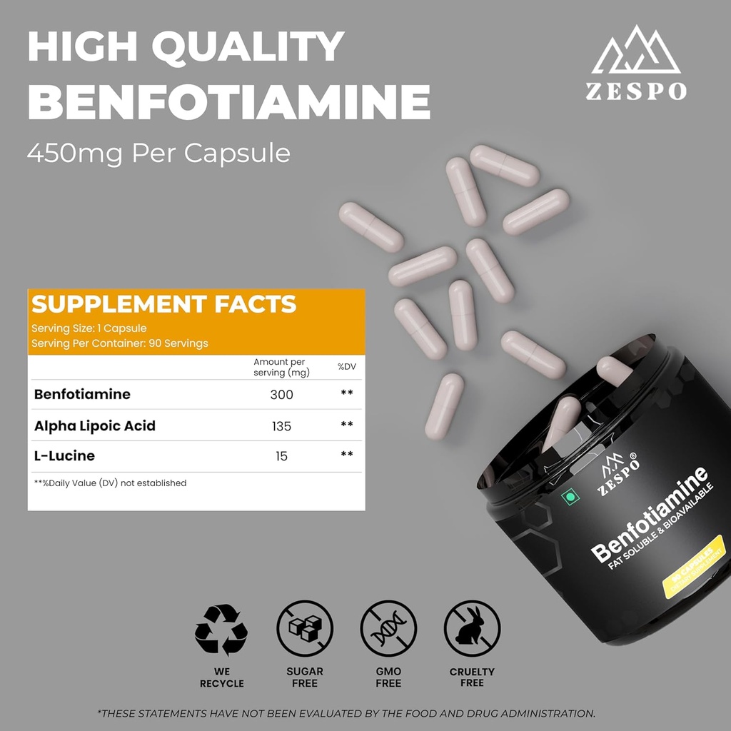 Benfotiamiin 450mg – 90 kapslit, toetab rakkude tervist alfa-lipohappe ja L-leutsiiniga, igapäevast toitumis- ja heaoluvalemit