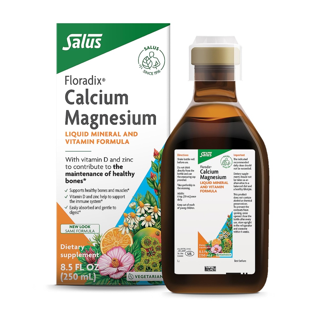 Floradix Kaltsium Magneesium Vedel Mineraal ja Vitamiin Valem - Luude tugilisa kaltsiumi, magneesiumi, D-vitamiini ja tsink - Taimetoitlane ja mitte-GMO - 8,5 fl oz