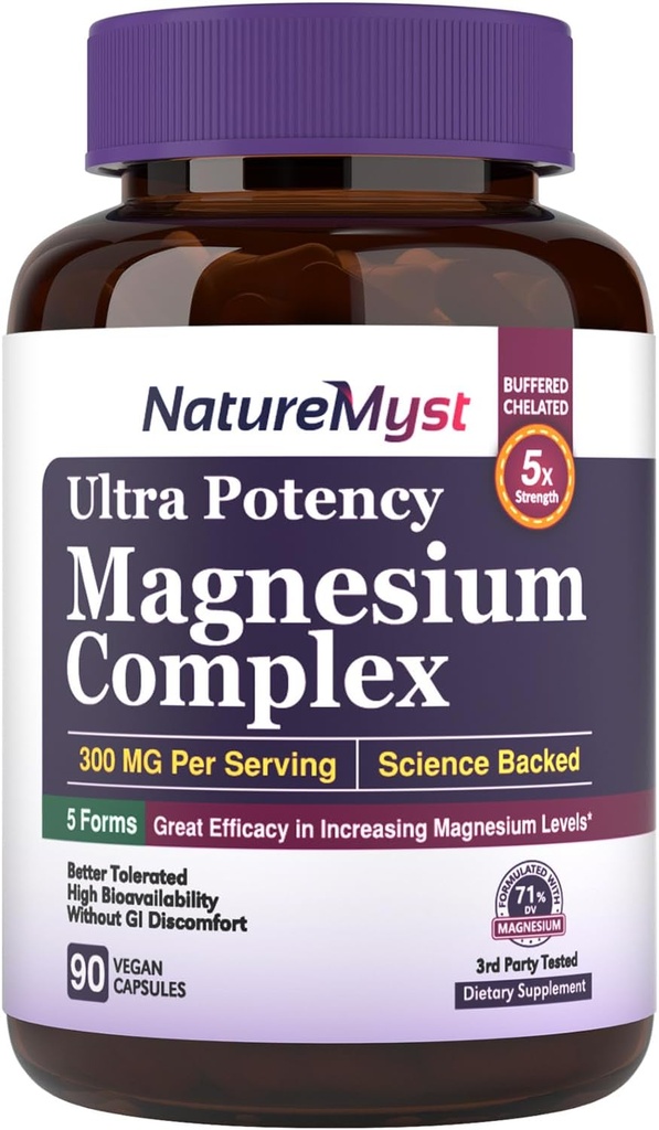 Magneesiumkompleks, 300 mg elementaarmagneesium, glütsinaat, tsitraat, malaat, kõrge potentsi, parim imendumine, lihaste, närvide, südame, une, kõhukinnisuse ja muu jaoks, 90 vegan kapslit