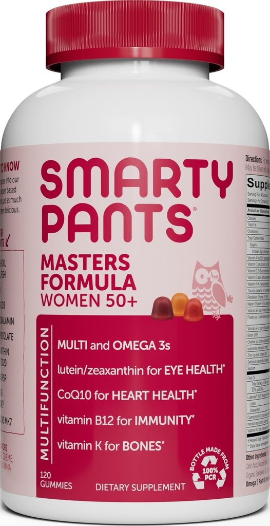 SmartyPants Multivitamiin Gummy naistele 50 ja üle: Omega 3 kalaõli (EPA / DHA), metüülfolaat, CoQ10, vitamiin D3, C, vitamiin B12, B6, A, K & tsink, Biotiin, Gluteenivaba, 120 loend (30 päeva pakkumine)
