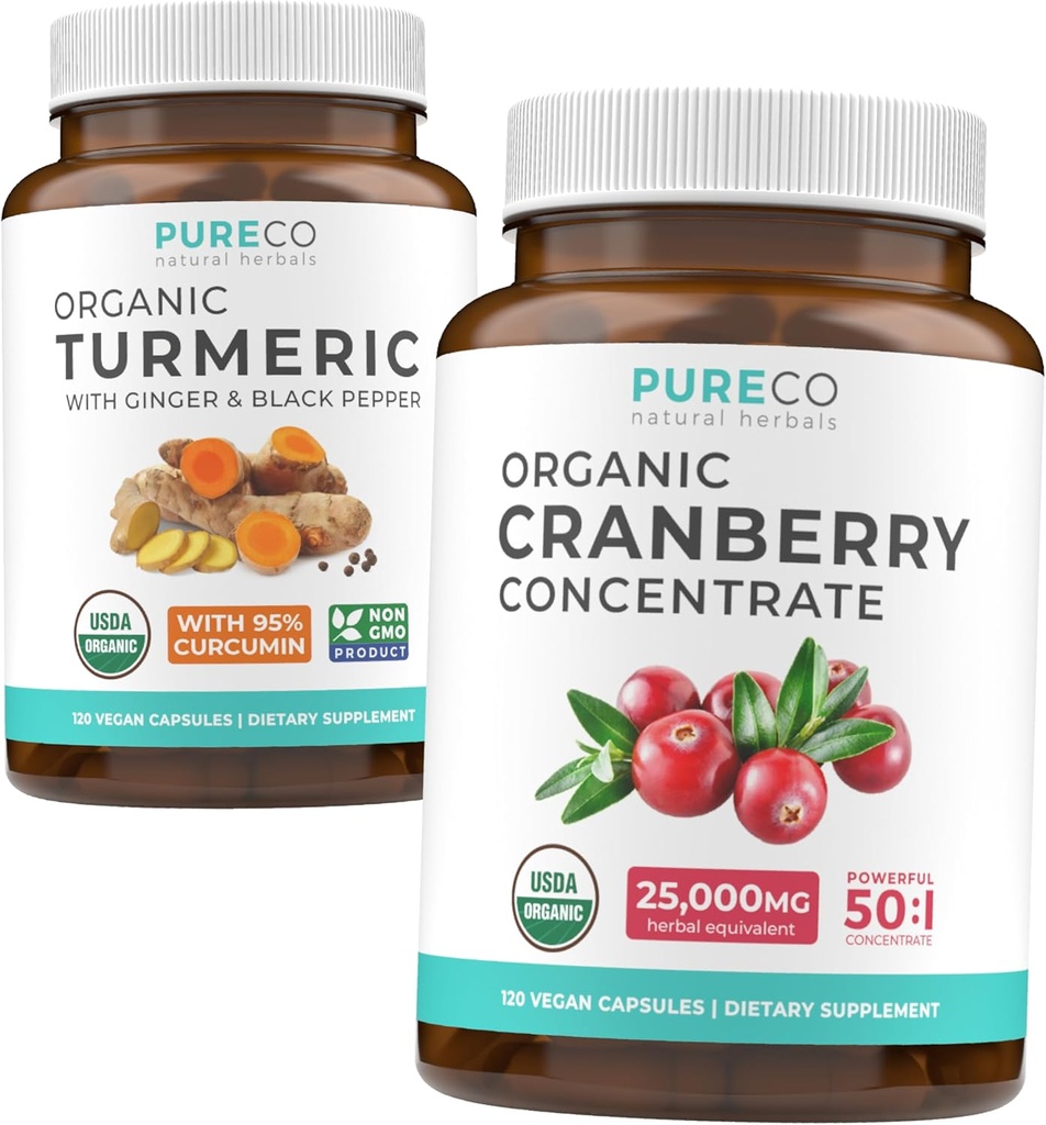 Kurkum & Jõhvika kontsentraat (4-kuuline pakkumine) Cranberry Curcumin Bundle of Organic Kurkumiini Black Pepper & Ginger (120 kapslit) & Organic Cranberry Concentrate 50: 1 ekstrakt (120 kapslit)