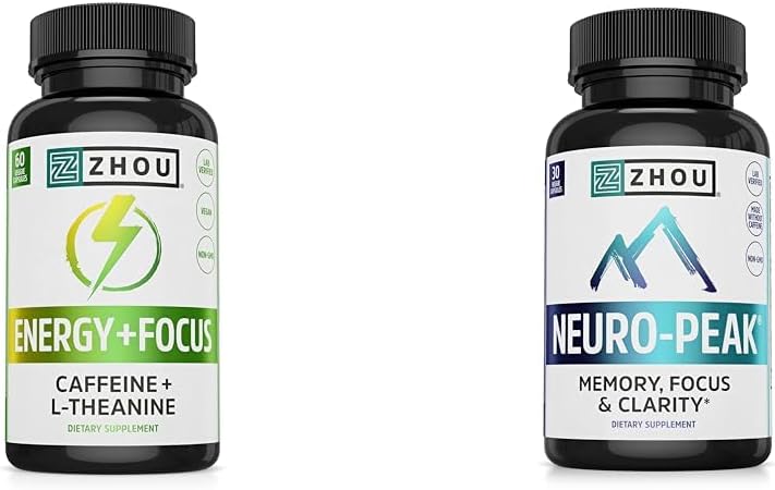 Zhou Caffeine 100mg L-Theanine 200mg Nootropic 60 kapslid ja Neuro Peak Brain Support DMAE Bacopa 30 kapslid