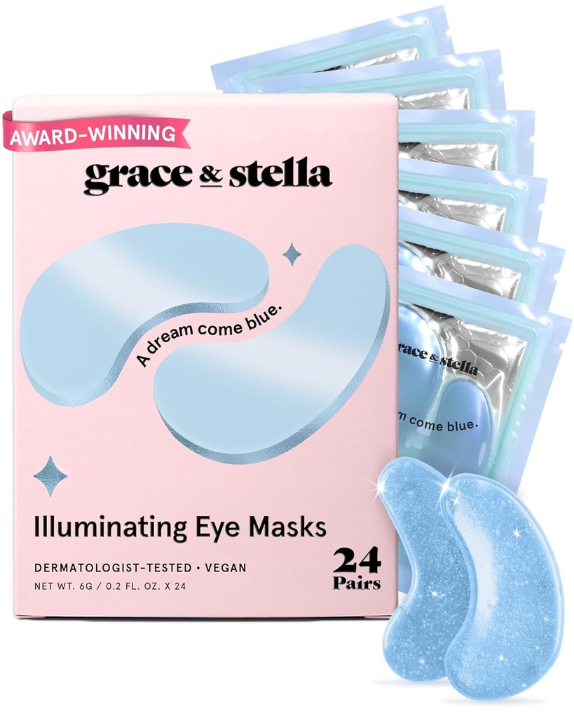 Grace & Stella auhinna võitmine silmamaski all Vähendage tumedaid ringe, Puffy Eyes, Undereye kotid, kortsud, geel silmade all, sünnipäevakingid naistele - Vegan Cruelty-Free Self Care (24 paari, sinine)