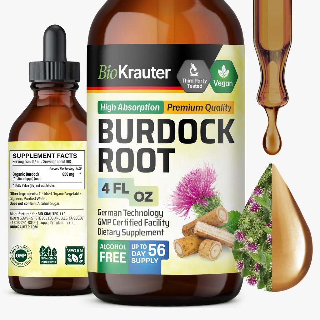 BIO KRAUTER Burdock Root Tinktuur - Antioksüdant Toetus Vedel täiendus - Burdock Juurekstrakt - Alkoholi- ja suhkruvaba - Vegan Drops 4 Fl.Oz.